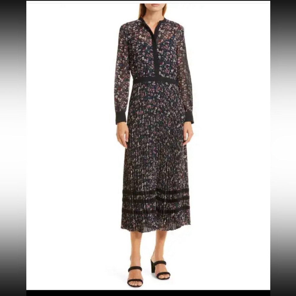 Club Monaco Floral Print Pleated Long Sleeve Midi Dress 00 XS